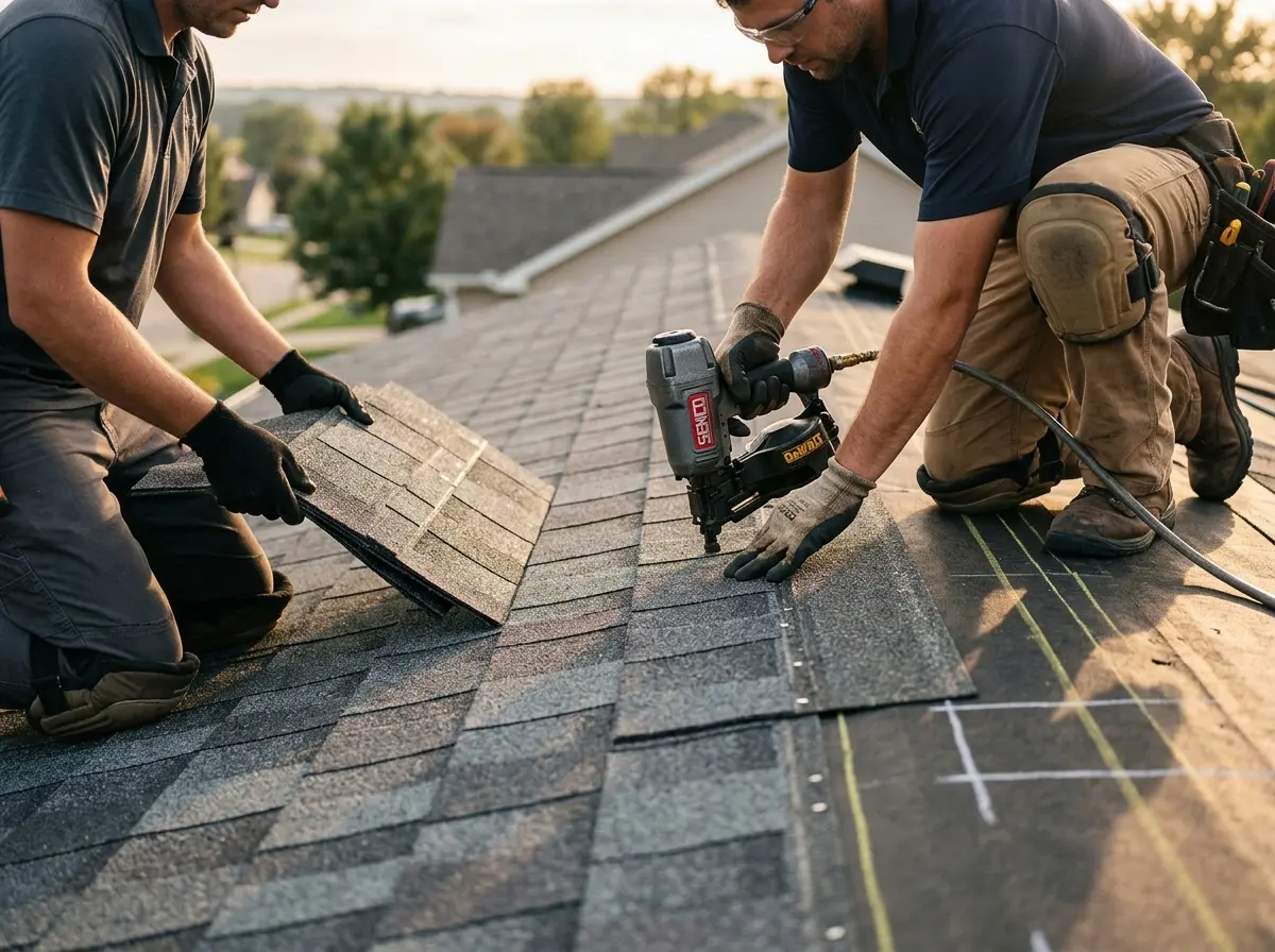 Professional roofer working on a residential roof in London Grove